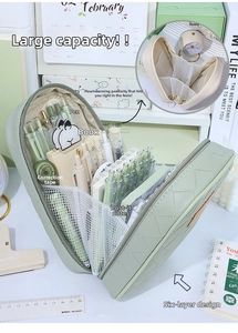 Detail showing the six-layer interior of a large-capacity mint green pencil case storage