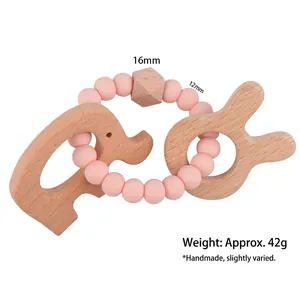 Handmade beech wood elephant and rabbit baby teether with pink silicone beaded bracelet
