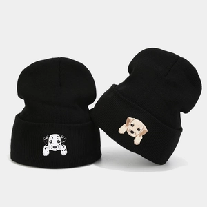 Black knit beanie with embroidered puppy patches, warm cuffed winter hat for couples