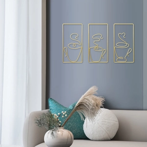 Set of 3 minimalist gold wire coffee cup wall art decors for modern living room decor