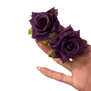 Purple fabric rose stud earrings with silver needles and water droplet detail