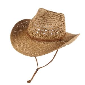 Brown woven straw cowboy hat with ventilated eyelets and adjustable chin strap