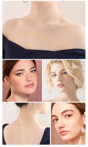 Detail shots of gold metallic freckle tattoos featuring stars and snowflake designs