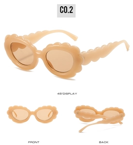 Three-angle display of oval wavy frame sunglasses in beige resin showing front and side views