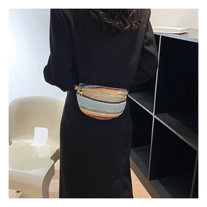 Detailed view of rainbow striped woven belt bag with gold zipper worn on waist