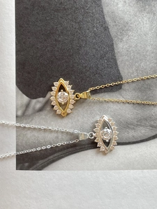 Detail view of 925 sterling silver evil eye necklaces in gold and silver with cubic zirconia