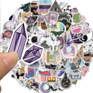 Bohemian witch stickers featuring purple crystals and tarot cards for laptop decoration