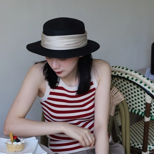 French vintage black flat top straw sun hat with elegant champagne satin ribbon