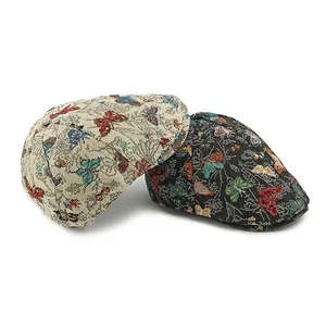 Retro flat beret caps with jacquard butterfly patterns in black and beige colors