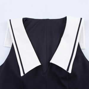 Navy blue summer mini dress with contrasting white nautical wide lapel and pleated waist