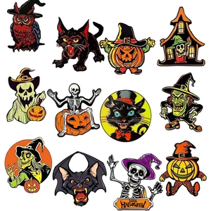 Detailed set of 12 vintage Halloween magnetic stickers featuring witch, cat, and skull