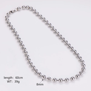 Detailed specs of silver bead chain showing 60cm length, 39g weight and 8mm diameter