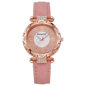 Women's rose gold quartz watch with diamond bezel and pink leather strap on white background