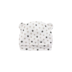 Close-up of soft white cotton baby cap featuring grey and khaki star prints for newborns