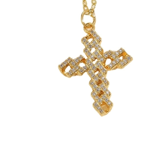 14K gold plated cross pendant necklace with cubic zirconia pave and architectural layering
