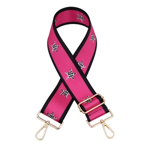 Pink wide nylon strap for handbags featuring leopard star print and gold hardware