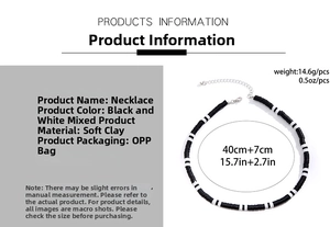 Detailed size chart of black and white polymer clay heishi necklace with metal chain
