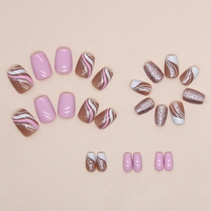 Pink and brown wavy ballet press-on nails with sparkling glitter accents in 24 piece set