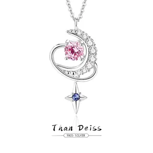 S925 Sterling Silver Moon Star Necklace For Women Pink Blue Zirconia Heart Planet Pendant Romantic Light Luxury Jewelry Gift