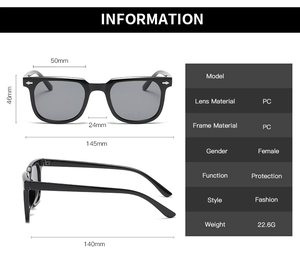 Detailed size specifications for square frame sunglasses with PC lens and frame measurements