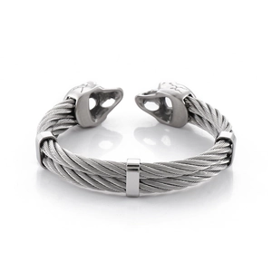 Gothic punk cable wire bracelet with double skull heads in polished stainless steel