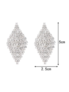 Detail showing dimensions of 5cm by 2.5cm for sparkling geometric diamond drop earrings