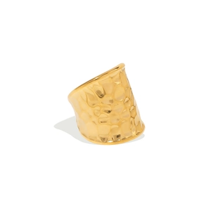 Polished gold hammered texture wide band ring in stainless steel for women fashion
