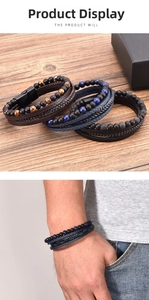 Detail of multi-layer men's braided leather bracelet with tiger eye and magnetic metal clasp