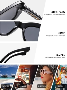 Detail of square cat eye sunglasses showing nose pads, hinges, and lifestyle wear