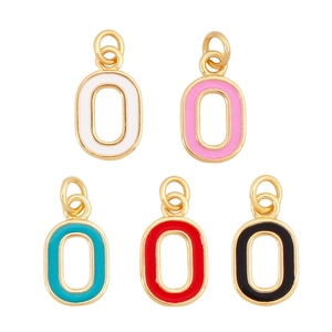 Detail of five gold-plated enamel letter O pendants in white, pink, blue, red and black
