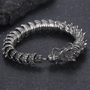 Macro detail of retro dragon scale stainless steel bracelet with vintage silver finish