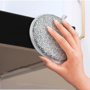 Silver round wire sponge scrubber for kitchen cleaning with a convenient hanging loop