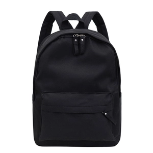 Minimalist black lightweight nylon backpack with front zipper pocket on white background
