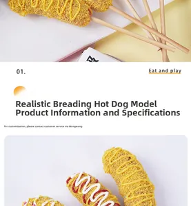 Macro shot of realistic corn dog food model with ketchup and mustard drizzle