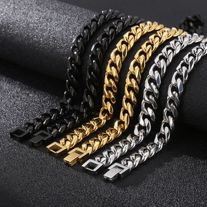 Polished 10mm stainless steel Cuban link chains in black, gold, and silver finishes