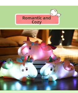 Macro view of glowing LED unicorn plush toys in a cozy and warm home setting