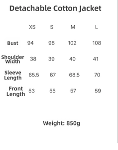 Size guide table for women's padded jacket with hooded fur collar and zipper detail