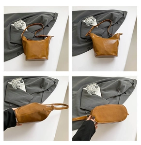 Detail shots of a vintage brown oil-wax bucket bag showing multi-angle views and texture