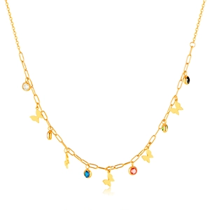 Golden butterfly necklace with colorful zircon stones on a clean white background