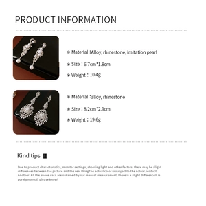Detailed size and material specification sheet for rhinestone pearl drop earrings