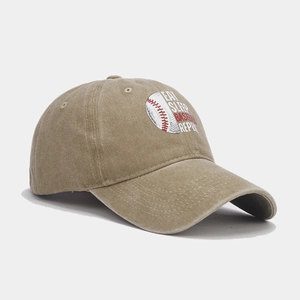 Vintage washed khaki baseball cap featuring Eat Sleep Baseball Repeat printed slogan