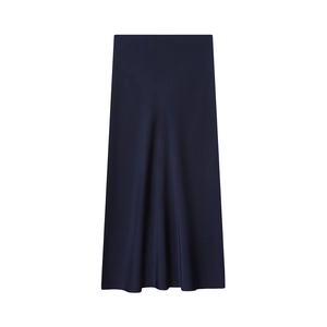 Detailed view of dark blue midi skirt featuring premium silky satin fabric texture