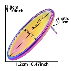 Detailed size chart for rainbow oval hoop earrings showing dimensions in cm and inches