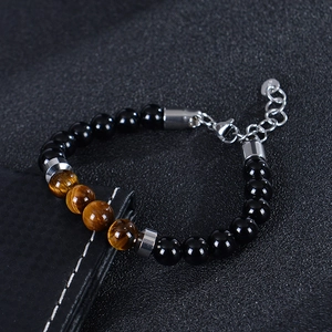 Bracelet pour homme en oeil de tigre 8mm et obsidienne avec chaîne ajustable en acier