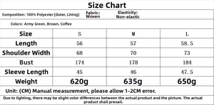 Detailed size chart for polyester bomber jacket with length and chest measurements