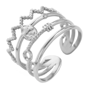 Close-up of layered silver 304 stainless steel ring with heart and wave texture patterns