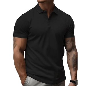 Close-up of black men's polo shirt featuring a classic ribbed collar and a three-button placket