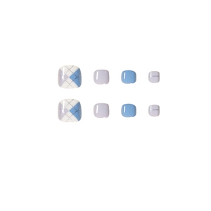 Morandi blue and white press-on toenails with glitter plaid design and square shape