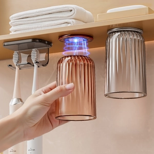 Wall Mounted Magnetic Toothbrush Holder Inverted Drainage Cup Storage Rack Punch Free Bathroom Organizer Ribbed Design