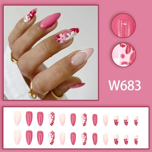 Pink almond press-on nails with French tips and floral patterns, set of 24 pieces